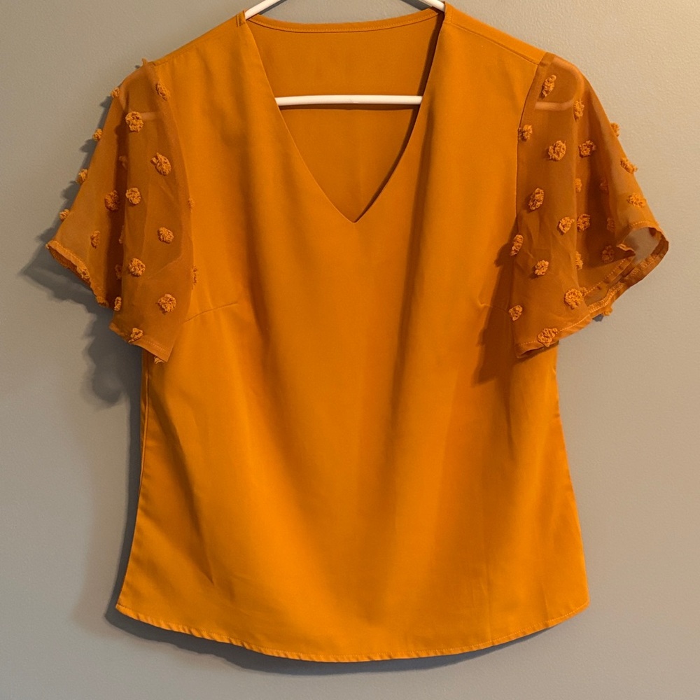 🍂3 for $15🍂 Mustard V-Neck Blouse with Sheer Pom-pom Sleeves